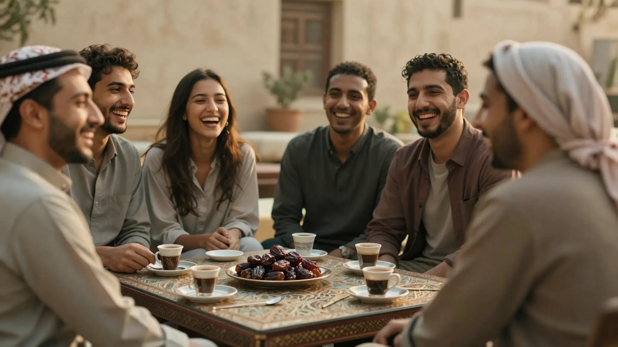 مجموعة أصدقاء يضحكون معاً في مجلس عربي دافئ يتبادلون النكت والقصص المضحكة